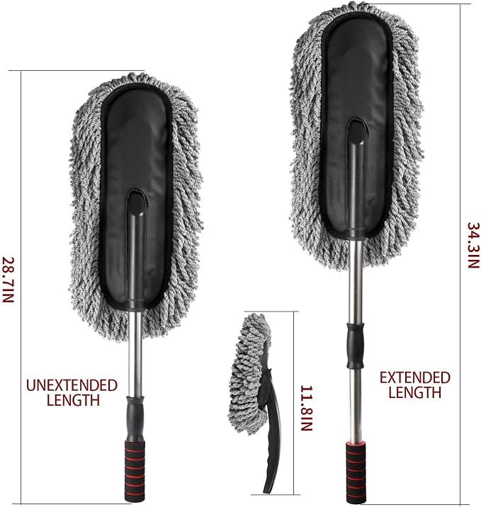 Removable Telescopic Car Wax Drag Nano Fiber Car Wash Brush Car Dusting Tool Car Mop Wax Dash Duster Exterior Interior Cleaning Kit (Premium Car Duster & Dash Duster 2 Pcs Set, Gray)