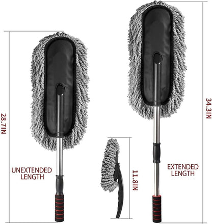 Removable Telescopic Car Wax Drag Nano Fiber Car Wash Brush Car Dusting Tool Car Mop Wax Dash Duster Exterior Interior Cleaning Kit (Premium Car Duster & Dash Duster 2 Pcs Set, Gray)
