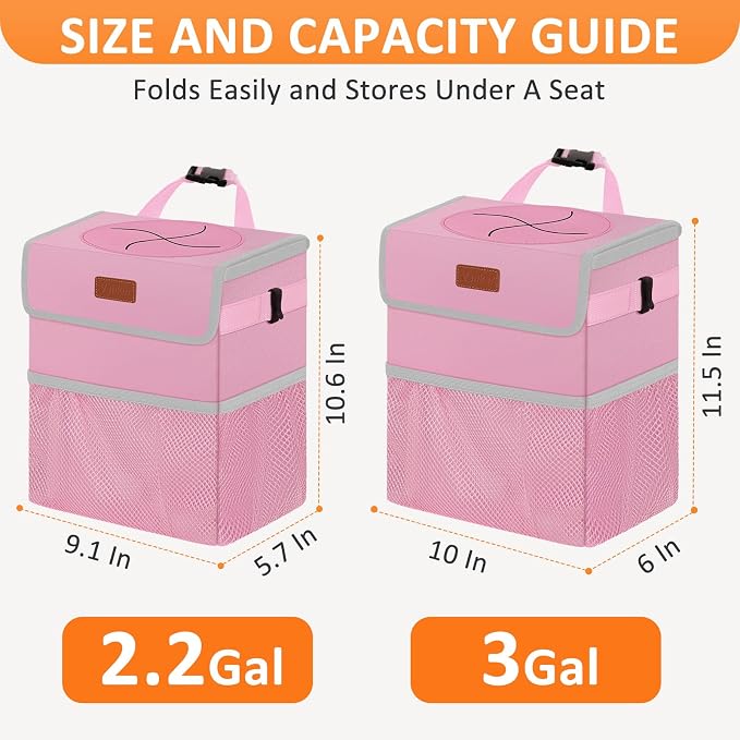 Vankor 3 Gallons Car Trash Can with Lid, Car Trash Bag Bin Hanging Waterproof Automotive Garbage Cans Leak Proof Vehicle Trash Can Pink