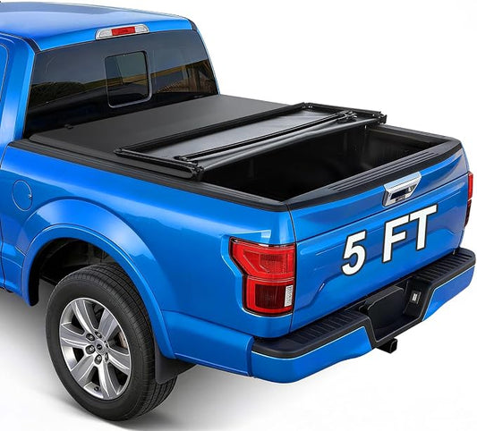 RHOBRA Soft Tri-Fold Truck Bed Tonneau Cover Compatible with 2016-2023 Toyota Tacoma 5ft Bed (Excl. Trail Edition), 26.5oz Vinyl Truck Bed Cover, Weather Resistant Bed Cover