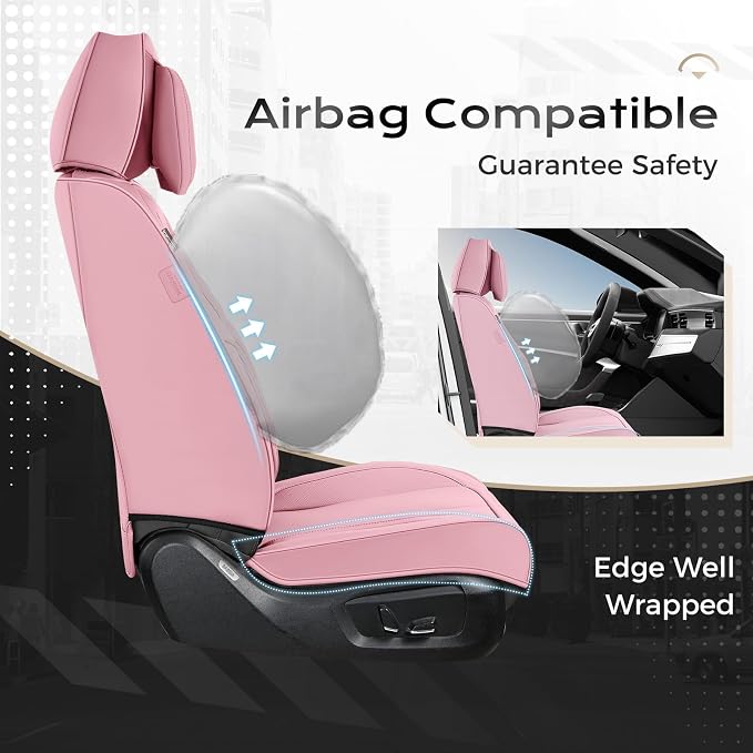 Coverado Seat Covers, Car Seat Covers Front Seats, Car Seat Cover, Car Seat Protector Waterproof, Seat Cushion Nappa Leather with Head Pillow, Carseat Cover Universal Fit for Most Cars (Pink)