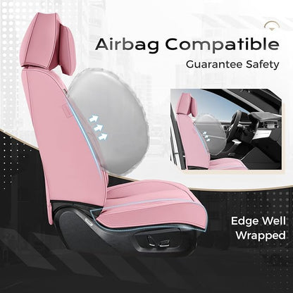Coverado Seat Covers Full Set, 5 Seats Seat Covers for Cars, Waterproof Nappa Leather Car Seat Covers with Head Pillow, Seat Protectors Car Seat Cushion Universal Fit for Most Cars (Pink)