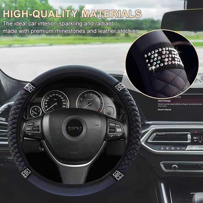 Soft Leather Car Steering Wheel Cover, Universal 15 Inch Colorful Rhinestones Anti-Slip Elastic Steering Wheel Covers for Most Cars, Sparkly Crystal Diamond for Women Girls (Black)
