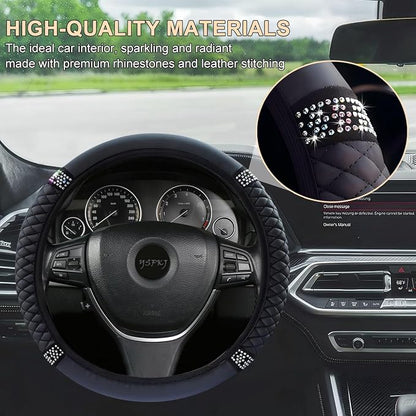 Soft Leather Car Steering Wheel Cover, Universal 15 Inch Colorful Rhinestones Anti-Slip Elastic Steering Wheel Covers for Most Cars, Sparkly Crystal Diamond for Women Girls (Black)