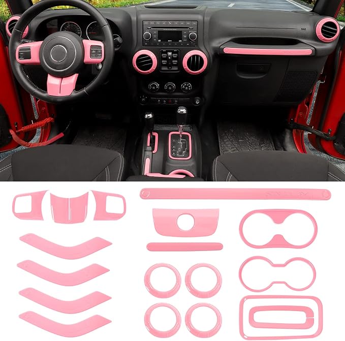 18PCS Full Set Interior Trim Kit for Jeep Wrangler JK JKU 2011-2018 4 Door,Center Console Door Handle Side Outlet Cup Holder Gear Cover Trim (Pink)