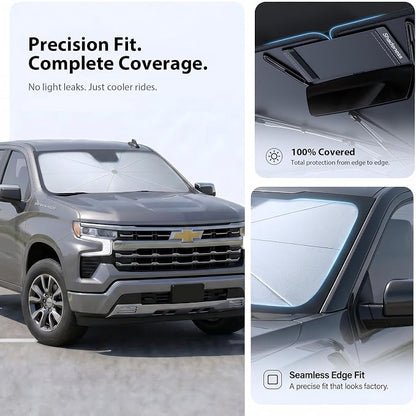 2026 Upgraded Windshield Sun Shade Umbrella for Chevrolet Silverado 1500 [Precision Custom Fit, Superior UV & Heat Block] Cooling Tech Fabric, Durable Foldable with Storage Bag, Fits 2000-2026