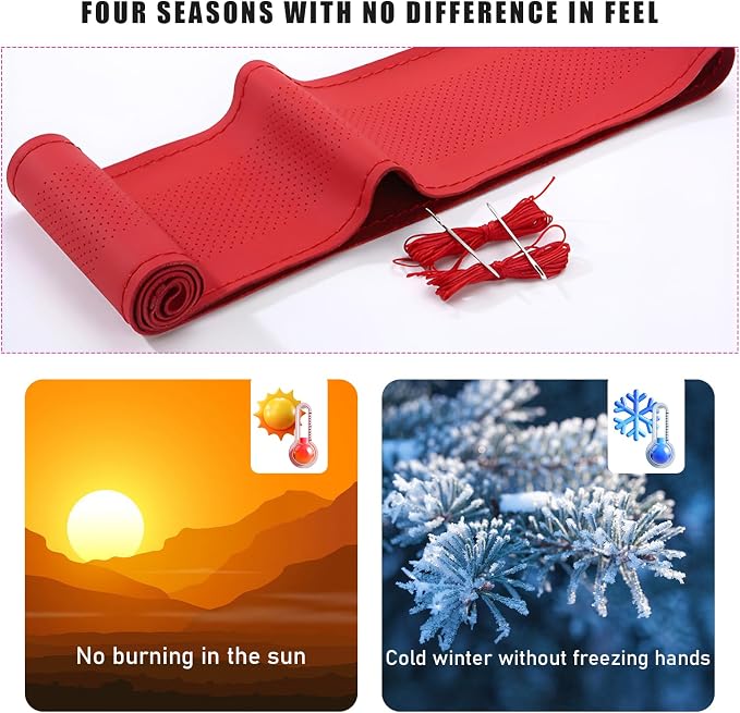 Ziciner Genuine Leather Steering Wheel Cover, Stitch on Wrap, Breathable Anti-Slip Car Steering Wheel Protector for Max Diameter 15 Inch, DIY Sewing with Needles Thread (Red, Middle Hole)