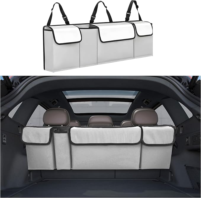 Car Trunk Organizer, Backseat Hanging Large Storage with Adjustable Straps,Waterproof PVC Collapsible Cargo Bag, Car Interior Accessories for Auto SUV MPV (White)
