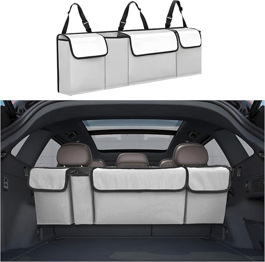 Car Trunk Organizer, Backseat Hanging Large Storage with Adjustable Straps,Waterproof PVC Collapsible Cargo Bag, Car Interior Accessories for Auto SUV MPV (White)