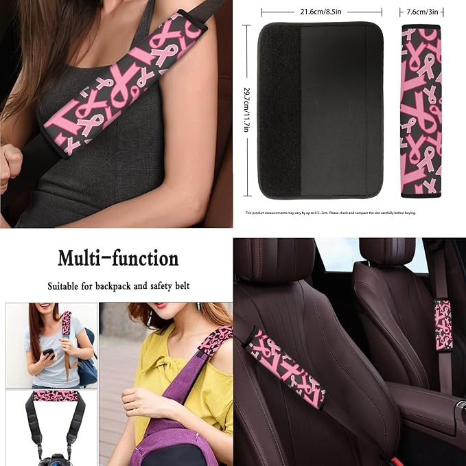 13 Set Pink Ribbon Car Seat Cover Full Set, Breast Cancer Awareness Universal Seat Belt Pads Cup Holder Coasters, Minimalist Aesthetics Steering Wheel Cover Keychain