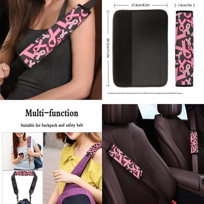 13 Set Pink Ribbon Car Seat Cover Full Set, Breast Cancer Awareness Universal Seat Belt Pads Cup Holder Coasters, Minimalist Aesthetics Steering Wheel Cover Keychain