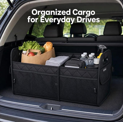 Car Organizer Caddy Oxford Quilted Trunk Organizer, Waterproof Storage Tote with Handles for Front Seat, Backseat, SUV, Truck, Van, Black