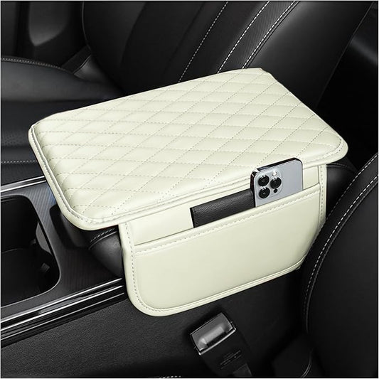Stacool Upgraded Car Center Console Cover,Microfiber Leather Car Armrest Cover Cushion with 2 Storage Bags,Universal Car Armrest Storage Box (Cream)