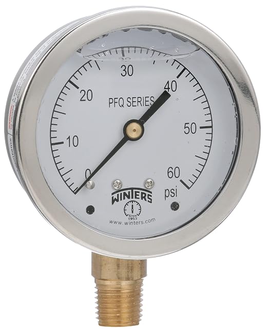 Winters 2-1/2" Dial Size, Liquid Filled Industrial Pressure Gauge, Brass Internals, 304 Stainless Steel Case, Single Scale 0-60 psi, 1.5% Acc, 1/4" NPT Bottom Mount, Glycerin Filled Pressure Gauge