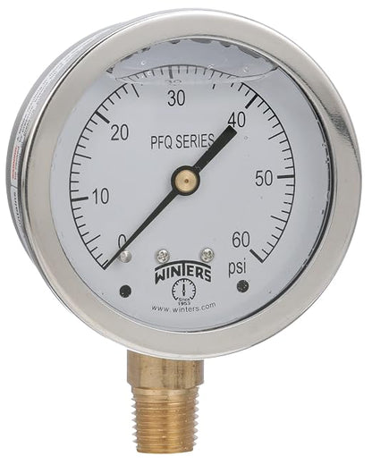 Winters 2-1/2" Dial Size, Liquid Filled Industrial Pressure Gauge, Brass Internals, 304 Stainless Steel Case, Single Scale 0-60 psi, 1.5% Acc, 1/4" NPT Bottom Mount, Glycerin Filled Pressure Gauge