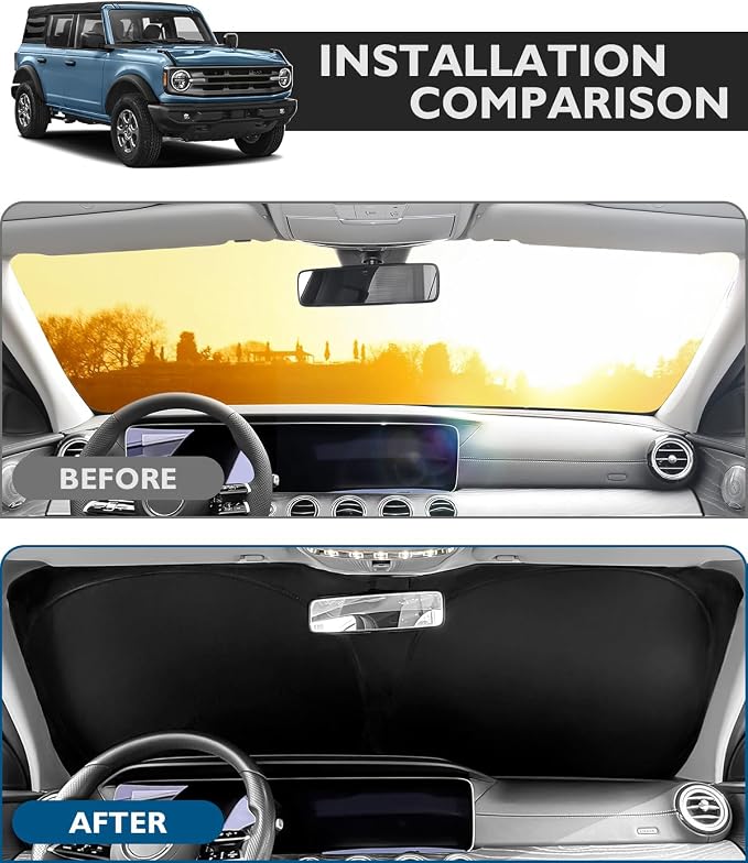 BIBLOZ Car Windshield Sun Shade for Ford Bronco 2021-2025 2026 Accessories Foldable Car Sunshade Front Windshield Sun Visor PET Reflective Material(Not for Bronco Sport)