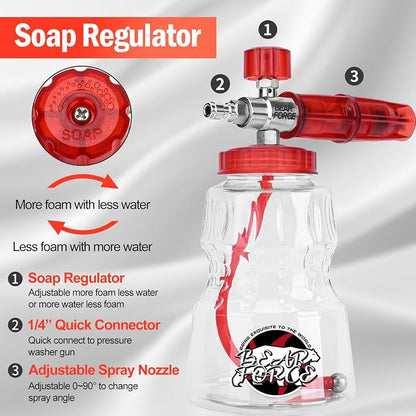 BEAR FORCE Foam Cannon Wide Mouth for Pressure Washer, Stainless Steel Heavy Duty Thick Snow Foam Lance, 360° Adjustable Soap Sprayer 1/4" Quick Connector, 1.10mm 1.25mm Orifice, 32oz Bottle, Car Wash