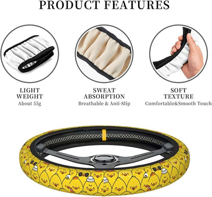 Yellow Steering Wheel Cover for Women,Universal Auto Steering Wheel 14-15 Inch Car Interior Accessories with 2PCS Car Coasters,Suitable for Men and Women