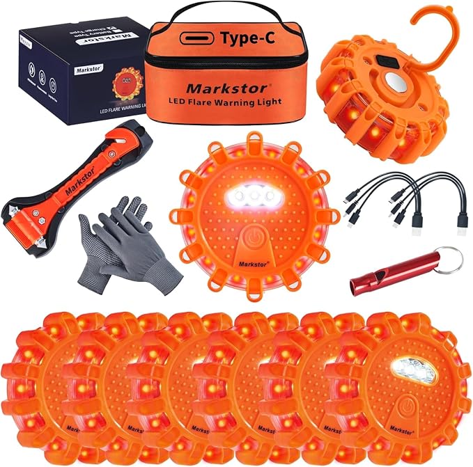 Led Road Flares 8 Pack LED Flares Emergency Kit, USB Recharge Amber LED Flares Warning Light with Magnetic, Roadside Safety Disc Flares Kit with Breaker,Whistle for Vehicle (8 Pack Parts)