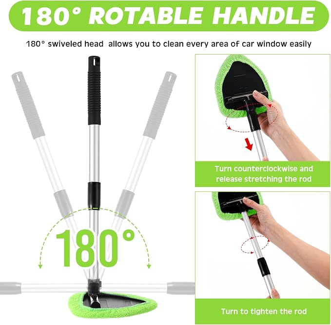 Baderke 10 Pcs Windshield Cleaner Tool Car Window Cleaning Supplies with Extendable Handle Include 6 Washable Microfiber Bonnets 2 Empty 60ml Spray Bottle Glass Wiper Kit (Green)