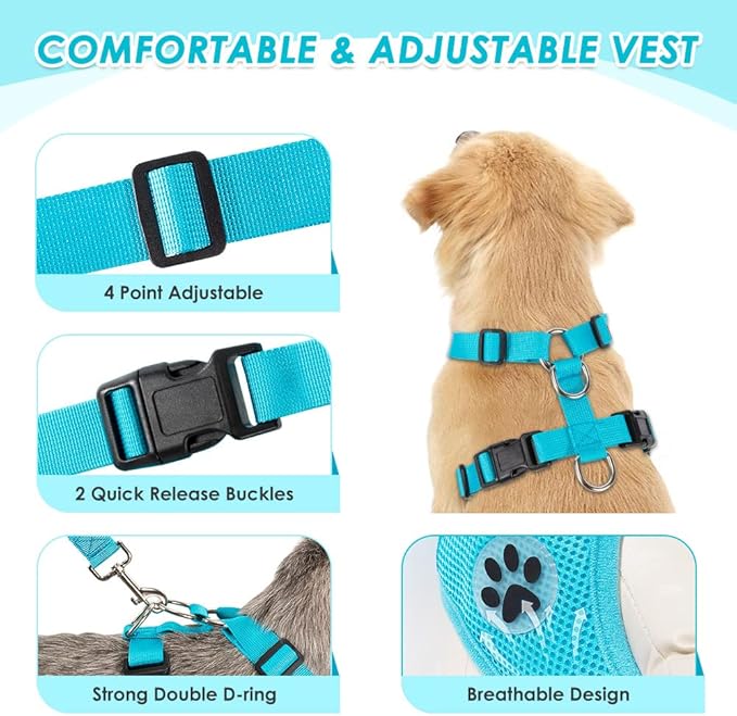 Lukovee Dog Car Harness Seat Belt, Adjustable Mesh Breathable Vest with Elastic Bungee Tether, Soft Padded 2-in-1 Safety Car Harness Seatbelt for Small Medium Large Dogs (Light Blue,XXS)