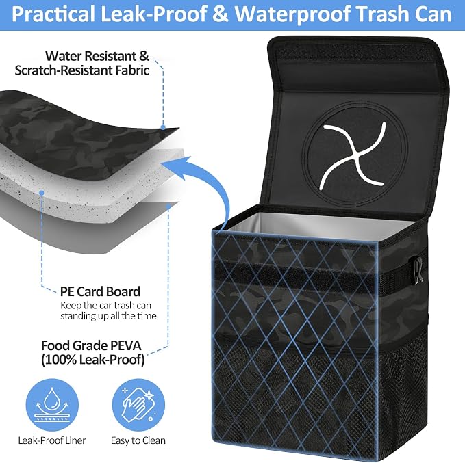 ELONGRIVER Car Trash Can Bin for Back Seat Leak Proof, Cute Car Trash Bag Hanging, Vehicle Trash Can for SUV Truck Van, Automotive Garbage Cans Front Seat Camo Black