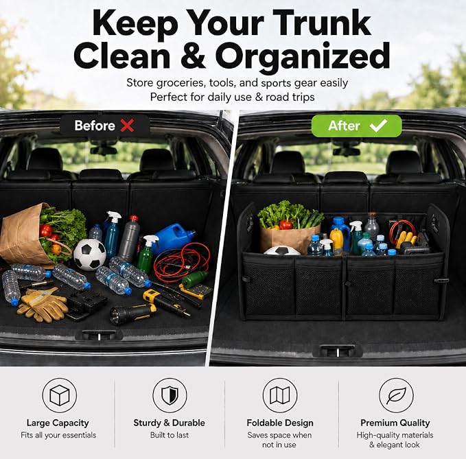 PAT SAM'S Trunk Organizer for SUV, Collapsible Car Trunk Organizer with Dividers, Waterproof 600D Oxford, Non-Slip Storage Organizer for Groceries, Tools, Travel, Truck & Car (Black)