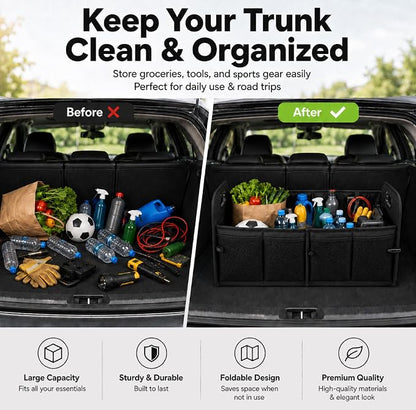 PAT SAM'S Trunk Organizer for SUV, Collapsible Car Trunk Organizer with Dividers, Waterproof 600D Oxford, Non-Slip Storage Organizer for Groceries, Tools, Travel, Truck & Car (Black)