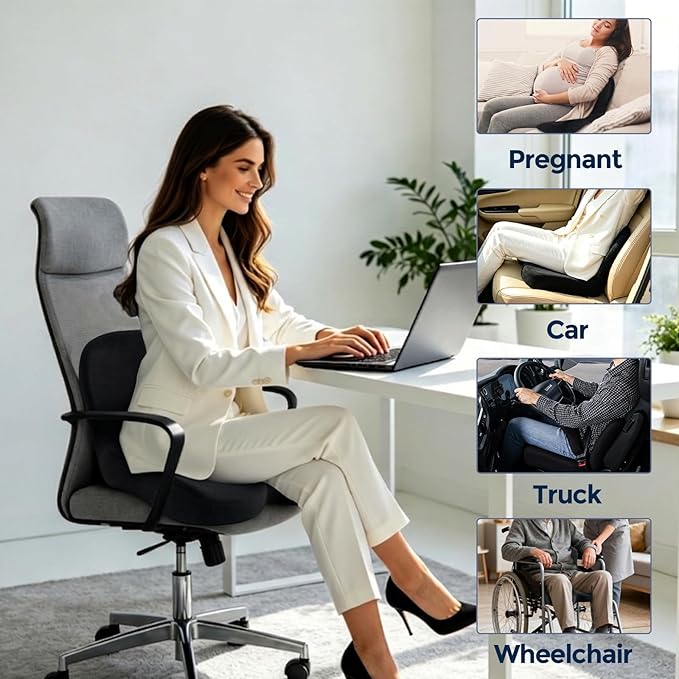 Car Seat Cushion, Memory Foam Driving Cushion with Adjustable Strap, Ergonomic Pad for Car & Semi Truck, Office Chair Cushion for Sciatica & Lower Back Pain Relief, Black