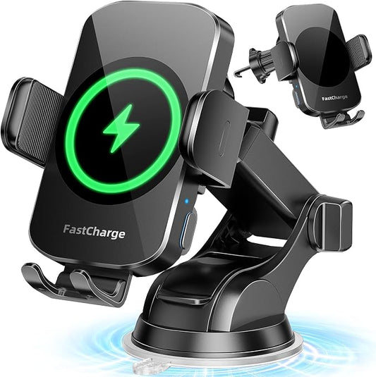 3-in-1 Wireless Car Charger Mount, 15W Fast Charging Auto-Clamping Phone Holder for iPhone 17 16 15 14, Samsung Galaxy S24 S23, Dashboard, Vent & Windshield Car Mount(Black)