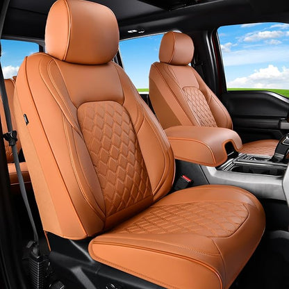 Huidasource F150 Truck Seat Covers Fit for 2015-2025 Ford F150 & 2017-2025 F250 F350 F450 Crew Cab XL XLT Lariat King Ranch Platinum, Full Coverage Leather Automotive Seat Cover(Full Set/Brown)
