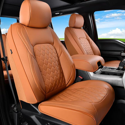 Huidasource Front Truck Seat Covers Fit for Ford F150 2015-2025&F250 F350 F450 2017-2025 All Cab XL XLT Lariat King Ranch Platinum, Waterproof Leather Automotive Car Seat Cover(Front Pair/Brown)