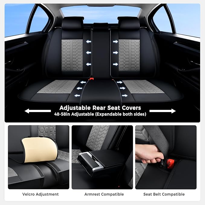 Huidasource Front and Back Seat Covers Universal Fit for Most Cars SUV Trucks, Leather Car Seat Covers Full Set 5 Seats, Full-Cover Pickup Truck Seat Cover with Lumbar Support, Black & Gray