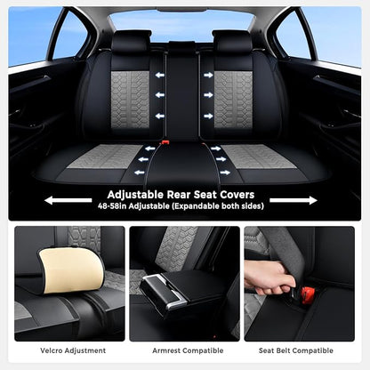 Huidasource Front and Back Seat Covers Universal Fit for Most Cars SUV Trucks, Leather Car Seat Covers Full Set 5 Seats, Full-Cover Pickup Truck Seat Cover with Lumbar Support, Black & Gray