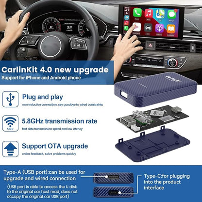 CarlinKit 4.0 CarPlay Wireless Adapter,Android Auto Wireless Dongle for OEM Wired CarPlay Cars,2026 OTA Upgrade-2 in 1,5Ghz WiFi Seamless Auto-Connect,Two Line, CPC200-CP2A for iPhone 6+/Android 11+