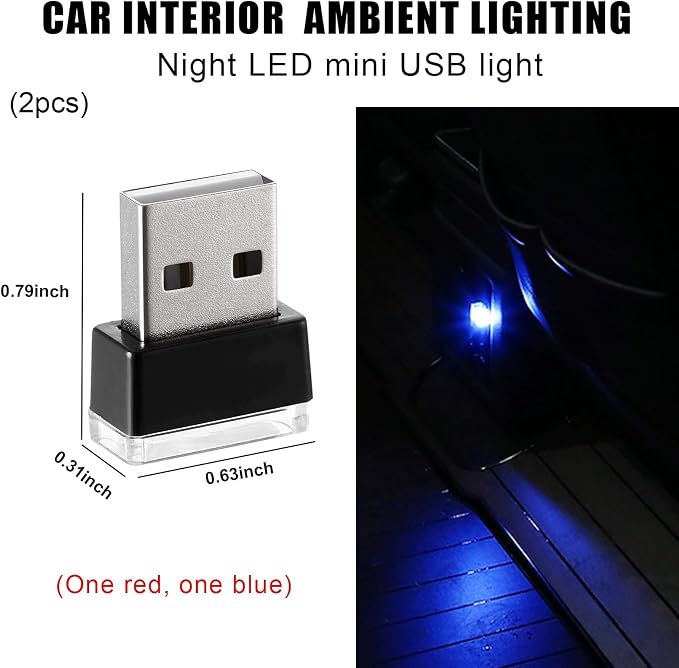 2 PCS USB LED Car Interior Atmosphere Lamp, Portable Mini LED Night Light, Plug-in USB Interface Trunk Ambient Lighting Kit, Universal Interior Car Accessories (Red+Blue)