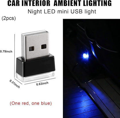 2 PCS USB LED Car Interior Atmosphere Lamp, Portable Mini LED Night Light, Plug-in USB Interface Trunk Ambient Lighting Kit, Universal Interior Car Accessories (Red+Blue)