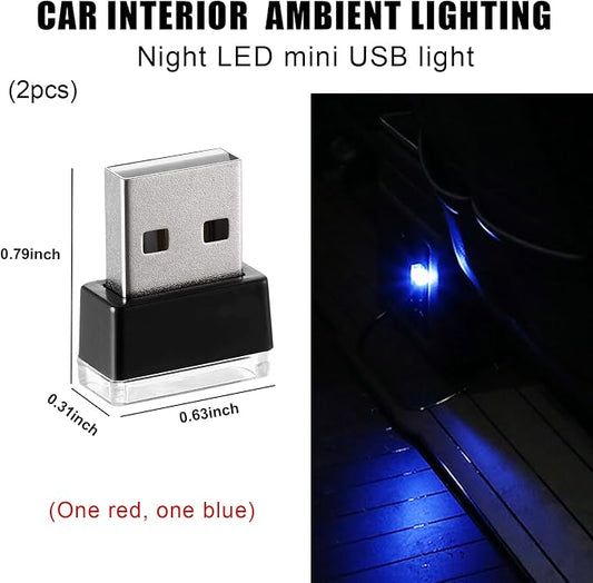 2 PCS USB LED Car Interior Atmosphere Lamp, Portable Mini LED Night Light, Plug-in USB Interface Trunk Ambient Lighting Kit, Universal Interior Car Accessories (Red+Blue)