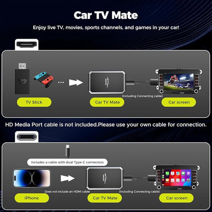 LAMTTO 2-in-1 Car TV Mate Pro – Wireless CarPlay Adapter with HD Media Port Input for TV Stick, Switch to Watch on Car Screen Compatible with Wired CarPlay Touchscreen Cars（2016-2025）