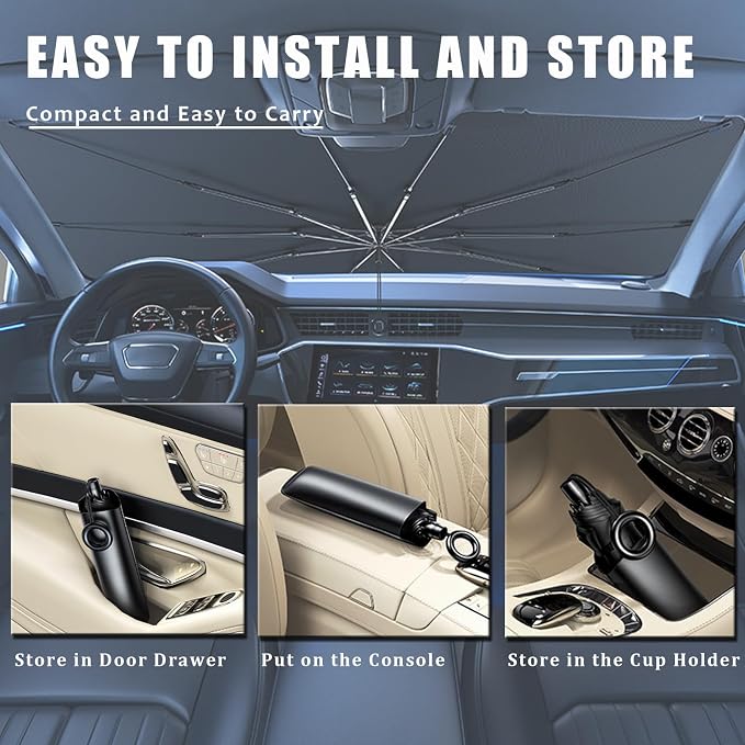 JDDRY Car Front Windshield Sun Shade with Pull Cord, Umbrella Sun Shade for Windshield, 2024 Sun Shades Cover for Small Car/Sedan/Compact SUV (140x74cm)