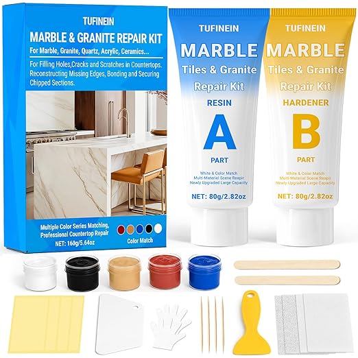 Marble Countertop Repair Kit, 160g/5.64oz Tile Repair Kit for Granite Quartz Acrylic Ceramic Stone and Fill Hole Chips Crack Scratches Dents, Reattaches Missing Edges on Countertops (Color Match)