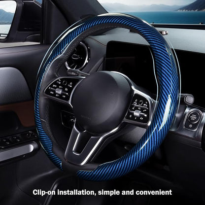 Car Steering Wheel Cover Carbon Fiber Snap On Steering Wheel Accessories Wrap 14.5-15 inch Universal Grip Anti-Skid Protector, Glossy Blue