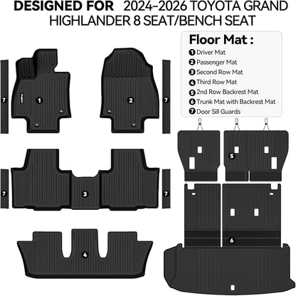 Floor Mats for 2024-2026 Toyota Grand Highlander 8 Seat/Bench Seat, Trunk Mat and Backrest Mat & Door Sill Guard All Weather TPE Protector for Toyota Grand Highlander Accessories