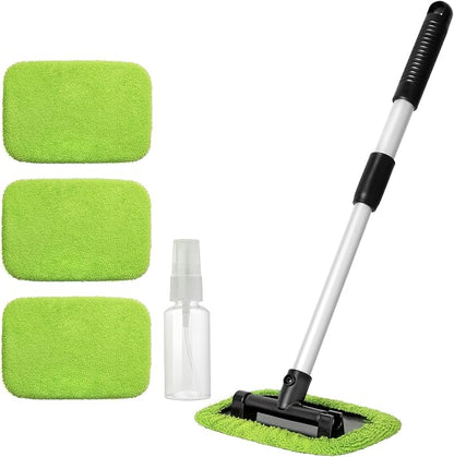Qydipclin 11pcs Windshield Cleaner Tool, Car Window Cleaning Wash Kit with 6 Reusable Microfiber Pads 2 Spray Bottles and Extendable Handles Auto Glass Wiper Kit, Green