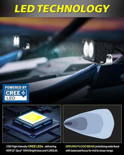 LED Pods with Wiring Harness & Black Covers 3" 40W CREE LED Driving Flood Offroad Lights Small Backup Ditch Lights 2 Packs for Trucks Motorcycle SUV UTV ATV Dirt Bike