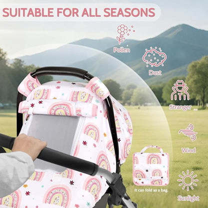 Pea Pod Car Seat Cover Baby, Infant Car Seat Canopy Covers with 2 Layers Windows of Breathable Mesh Fabric, Lightweight Polyester, Soft Minky Dot Backing (Rainbow & Floral Pattern)