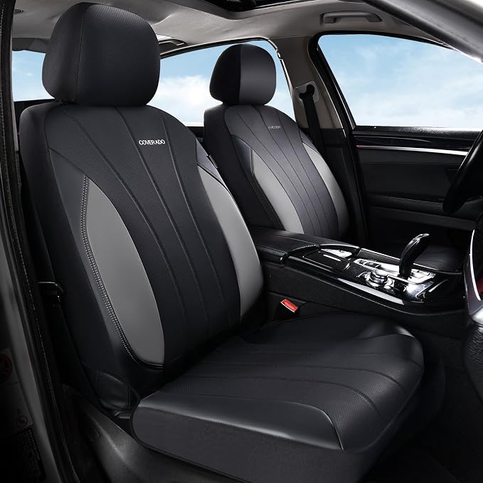 Coverado Car Seat Covers Full Set, 5 Seats Waterproof Nappa Leather Automotive Seat Protectors, Front & Rear Luxury Mesh Seat Covers,All-Weather Universal Fit for Most Cars SUVs, Trucks,Black&Grey
