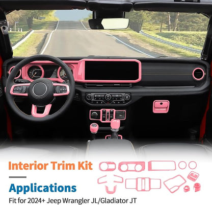 JeCar 14-Piece Pink Interior Accessories Trim Kit for 2024-2025+ Jeep Wrangler JL 4XE Gladiator JT- Center Console Dash Panel Interior Upgrade