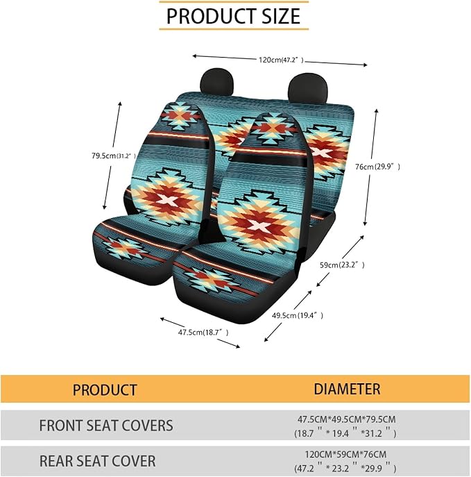 Aztec Southwest Native American Tribal Car Seat Covers Full Set,Turquoise Navajo Design Western Vehicle Front Rear Bench Cushion Protectors Auto Interior Accessories Universal Fit for Trucks