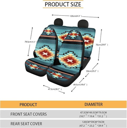 Aztec Southwest Native American Tribal Car Seat Covers Full Set,Turquoise Navajo Design Western Vehicle Front Rear Bench Cushion Protectors Auto Interior Accessories Universal Fit for Trucks